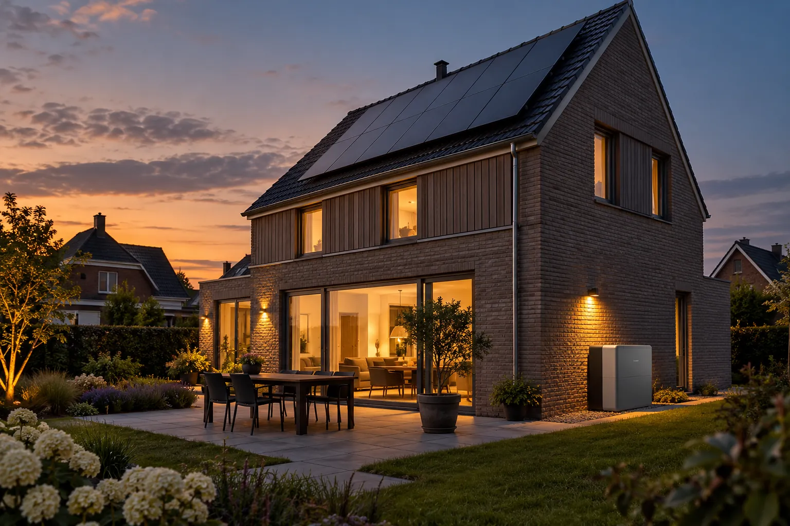 Woning met zonnepanelen en een thuisbatterij in de avond